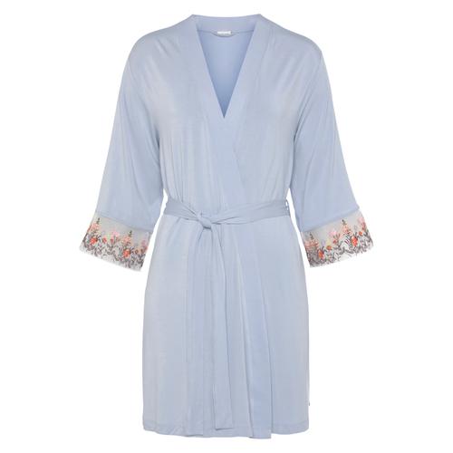 Kimono LASCANA Gr. 32/34, blau (hellblau) Damen Bademäntel Morgenmäntel mit bestickter Spitze