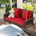 2-Person Wicker Hanging Porch Swing Hanging Swing Chair with Chains Patio Swing with Cushion and Pillow Outdoor Rattan Swing Bench for Garden Backyard Pond Brown Wicker+Red Cushion