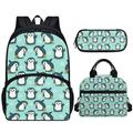 Pzuqiu Cute Back to School Backpack Set for Kids Girls Cyan Cartoon Penguin Print Duffel Backpack Thermal Insulated Lunch Tote+Zipper Pencil Holder Set Pack of 3