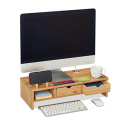 Relaxdays - Support d'écran pc en bambou, 2 tiroirs, casier rangement, rehausseur d'ordinateur, hlp
