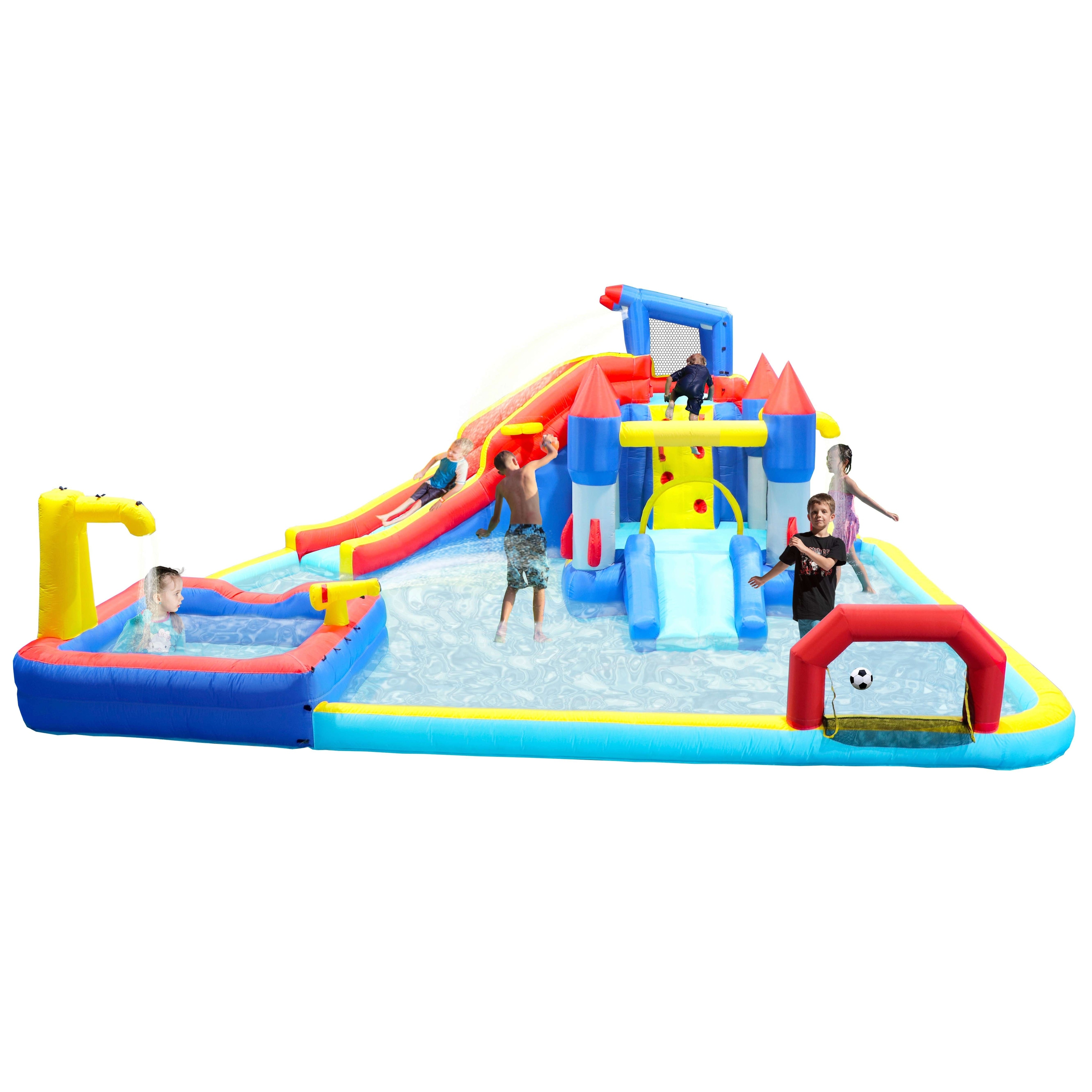7-in-1 Inflatable Water Park: Slide, Trampoline, Bouncing House, Splash Pool, Water Gun, Basketball, Climbing Wall
