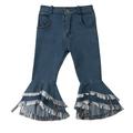 Kids Girls Denim Leggings Pants Button Closure Tassel Jeans Elastic Waist Denim Pants