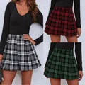 Jupe plissée taille haute rétro pour femme noir et blanc gris rouge vert bleu plaid