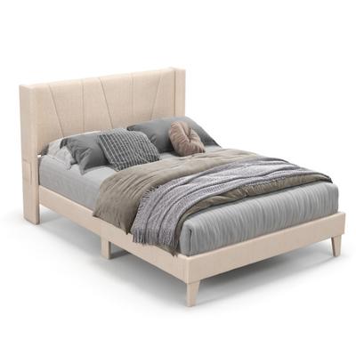 Costway Full/Queen Size Upholstered Bed Frame with Geometric Wingback Headboard-Full Size