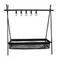 Outdoor Cookware Hanging Rack with Under Net Bag Hanging Organizer Stand Support Bracket 8kg Bearing Weight Foldable Portable Campsite Storage Rack with Hooks & Mesh Basket