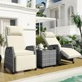 3 Pieces Patio Furniture Sets Outdoor Rattan Wicker Two-Person Combination Sofa Set with Coffee Table and Adjustable Lounge Recliner Chair for Courtyard Swimming Pool Balcony Beige