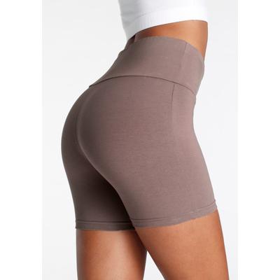 Shorts LASCANA, Damen, Gr. 36/38, N-Gr, grau (taupe), Single Jersey, Obermaterial: 95% Baumwolle, 5% Elasthan, unifarben, Basic, kurz, Hosen, mit breitem Bündchen und Logodruck, Loungewear Image