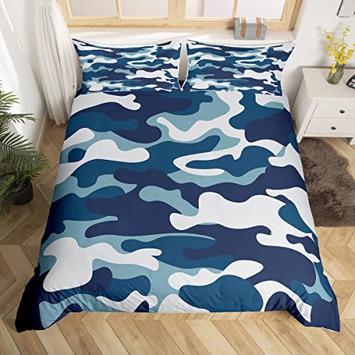 Modern Camo Duvet Cover Set Double Size, Blue Navy Cerulean Grey Camouflage Bedding Set 3pcs for Kids Boys Teens Room Decor, Army Camo Comforter Cover Polyester Quilt Cover with 2 Pillowcases