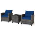 Costway 3 Pieces Outdoor Wicker Conversation Set with Tempered Glass Tabletop-Navy