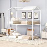 Twin Over Twin White Bunk Bed Metal Bed with Half Roof, Guardrail and Ladder, Metal Slats, Headboard and Footboard