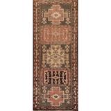 Ardebil Persian Vintage Runner Rug Hand-Knotted Grey Wool Carpet - 3'7"x 10'4"