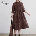 Robe mi-longue en lin et coton pour femme imprimé floral style vintage chic slim décontracté