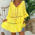 Robe en lin de coton jaune pour femme manches 3/4 col en V robe boutonnée Amissié grande taille