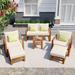 6 Pieces Patio Wood Sectional Conversation Seating Groups Chat Set with Ottomans and Cushions