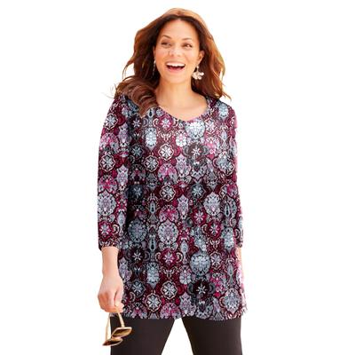 Plus Size Women's Suprema 3/4 Sleeve V-Neck Tee by Catherines in Rich Burgundy Ikat Medallion (Size 3X)