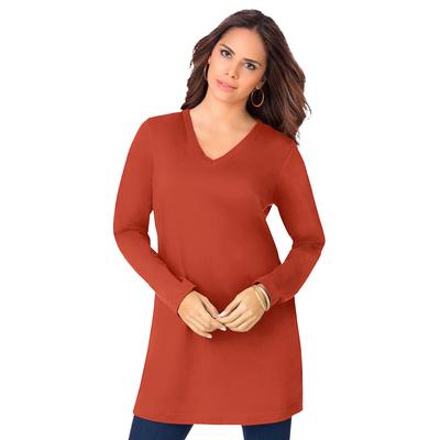 Plus Size Women's Long-Sleeve V-Neck Ultimate Tunic by Roaman's in Copper Red (Size 2X) Long Shirt