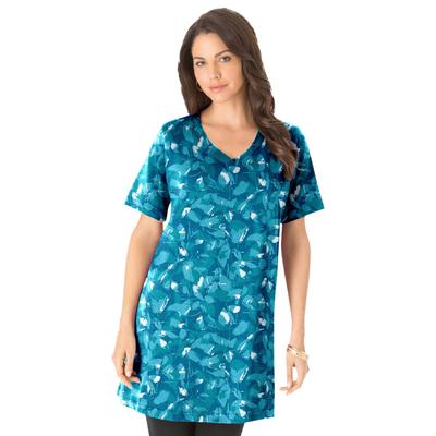 Plus Size Women's Short-Sleeve V-Neck Ultimate Tunic by Roaman's in Teal Texture Leaves (Size L) Long T-Shirt Tee