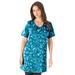 Plus Size Women's Short-Sleeve V-Neck Ultimate Tunic by Roaman's in Teal Texture Leaves (Size L) Long T-Shirt Tee