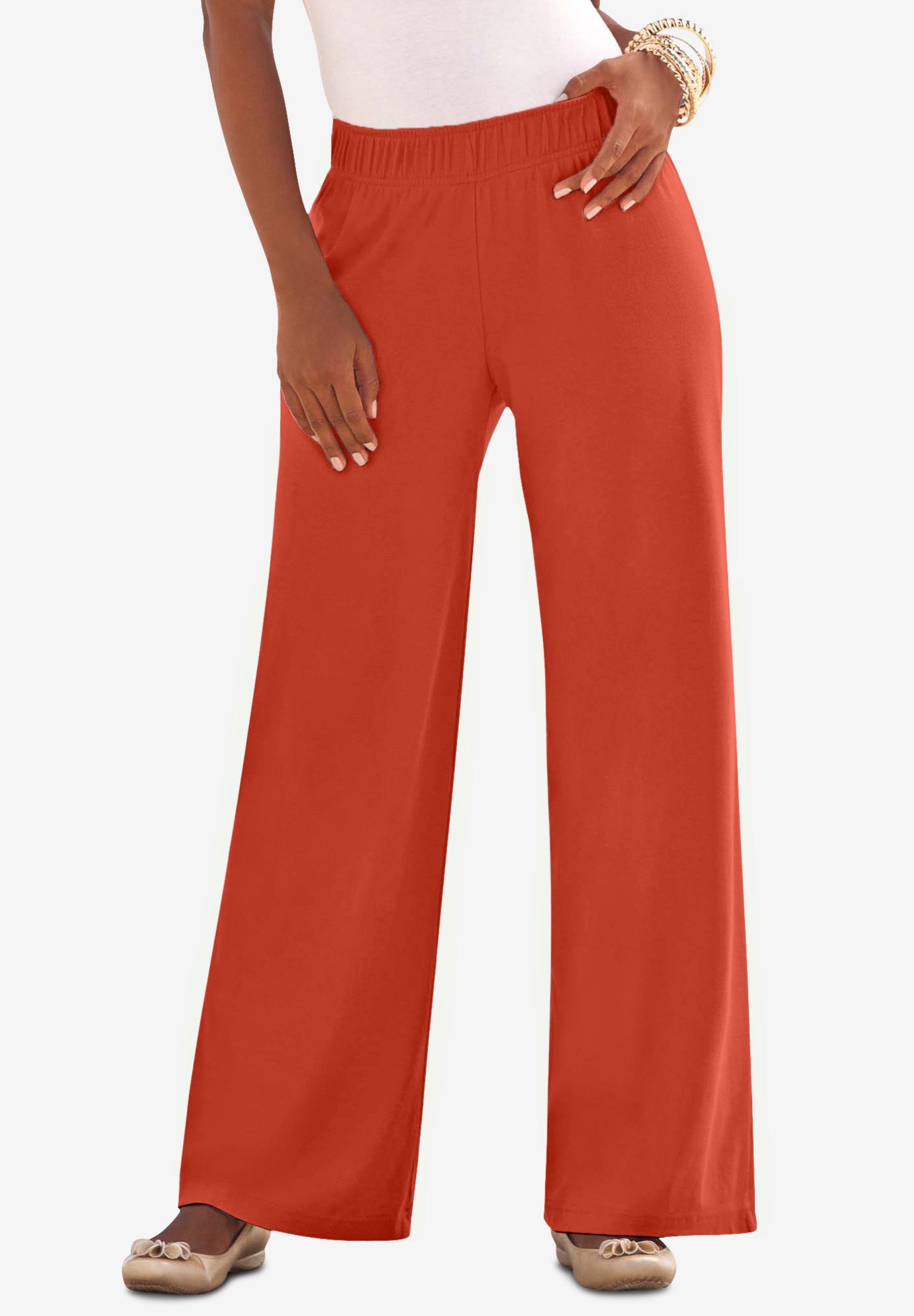 Plus Size Women's Plus Size Pull-On Wide Leg Soft Knit Pant by Roaman's in Copper Red (Size 1X) Pull On Elastic Waist