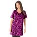 Plus Size Women's Short-Sleeve V-Neck Ultimate Tunic by Roaman's in Berry Textured Leaves (Size 2X) Long T-Shirt Tee