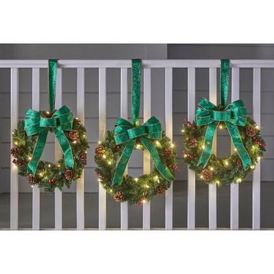 Set Of 3 Cordless Pre-Lit Mini Christmas Wreaths by BrylaneHome in Green