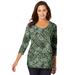 Plus Size Women's Stretch Cotton Scoop Neck Tee by Jessica London in Olive Drab Tribal Animal (Size 30/32) 3/4 Sleeve Shirt