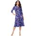 Plus Size Women's Ultrasmooth® Fabric Boatneck Swing Dress by Roaman's in Navy Textured Leaves (Size 22/24) Stretch Jersey 3/4 Sleeve Dress