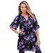 Plus Size Women's Short-Sleeve Angelina Tunic by Roaman's in Black Purple Floral (Size 32 W) Long Button Front Shirt