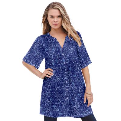 Plus Size Women's Short-Sleeve Angelina Tunic by Roaman's in Dusty Indigo Scroll (Size 44 W) Long Button Front Shirt