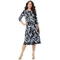 Plus Size Women's Ultrasmooth® Fabric Boatneck Swing Dress by Roaman's in Grey Flower Vine (Size 22/24) Stretch Jersey 3/4 Sleeve Dress