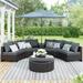 6 Pieces Patio Rattan Sofa Set Outdoor Sectional Half Round Patio Furniture Set PE Wicker Conversation Furniture Set w/ Storage Side Table for Umbrella and Multifunctional Round Table Brown+ Gray