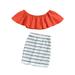 Qtinghua Toddler Baby Girl Summer Outfits Ruffle Off Shoulder Short Sleeve Crop Top Shirt Striped Pencil Skirt 2Pcs Clothes Orange 3-4 Years