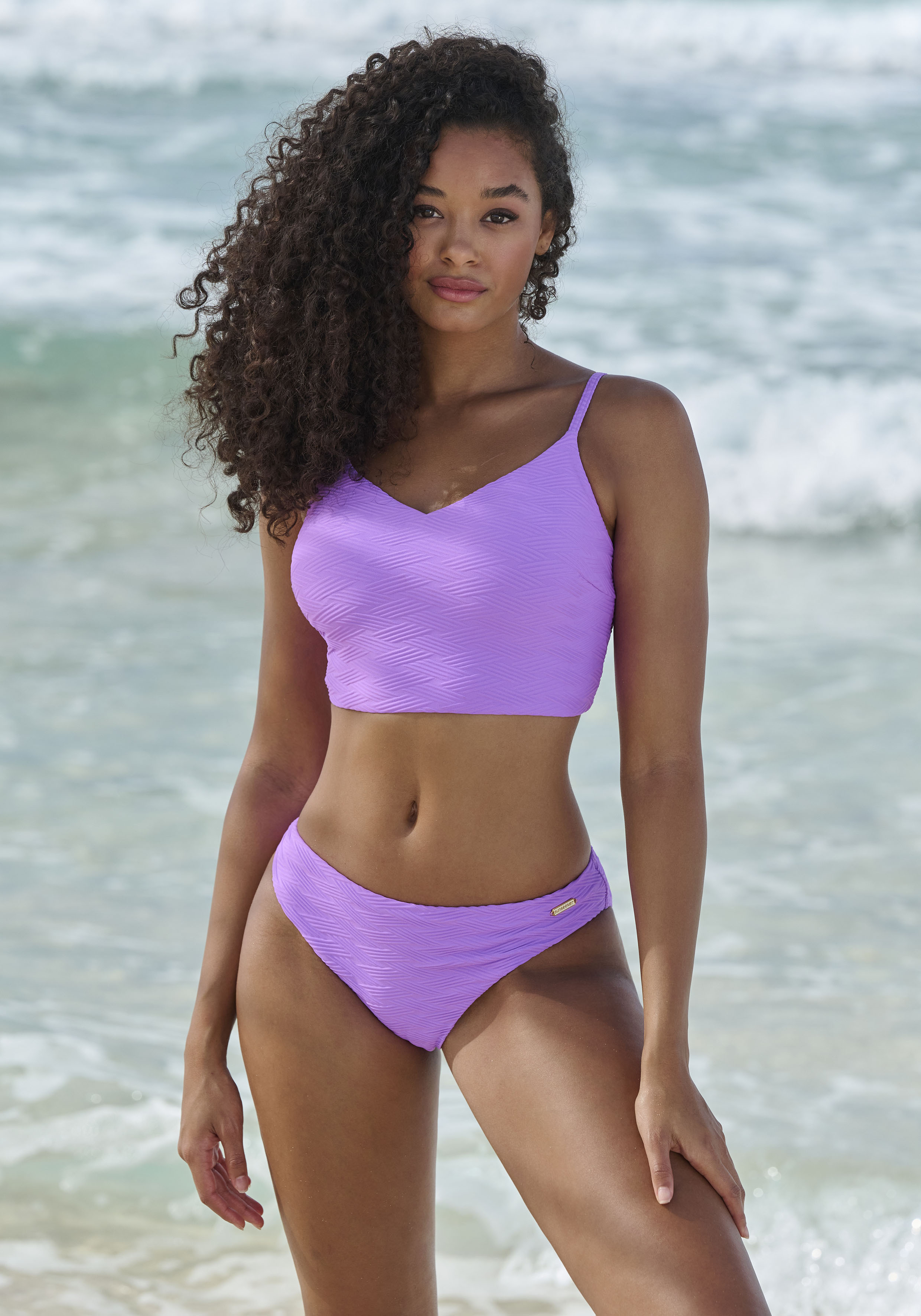 Crop-Bikini-Top SUNSEEKER "Loretta", Damen, Gr. 32, Cup A/B, lila, Polyamid, Strukturmuster, unifarben, Bikini-Oberteile, mit Strukturmuster Image