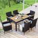 7 Piece Patio Furniture Dining Set, Outdoor Garden PE Rattan Wicker Dining Table Set for 6 with Acacia Wood Tabletop