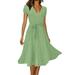 Dresses For Women 2023 Elegant Casual Summer V Neck Solid Color Polka Dot Print Short Sleeve Lace Up Tie Boho Dress