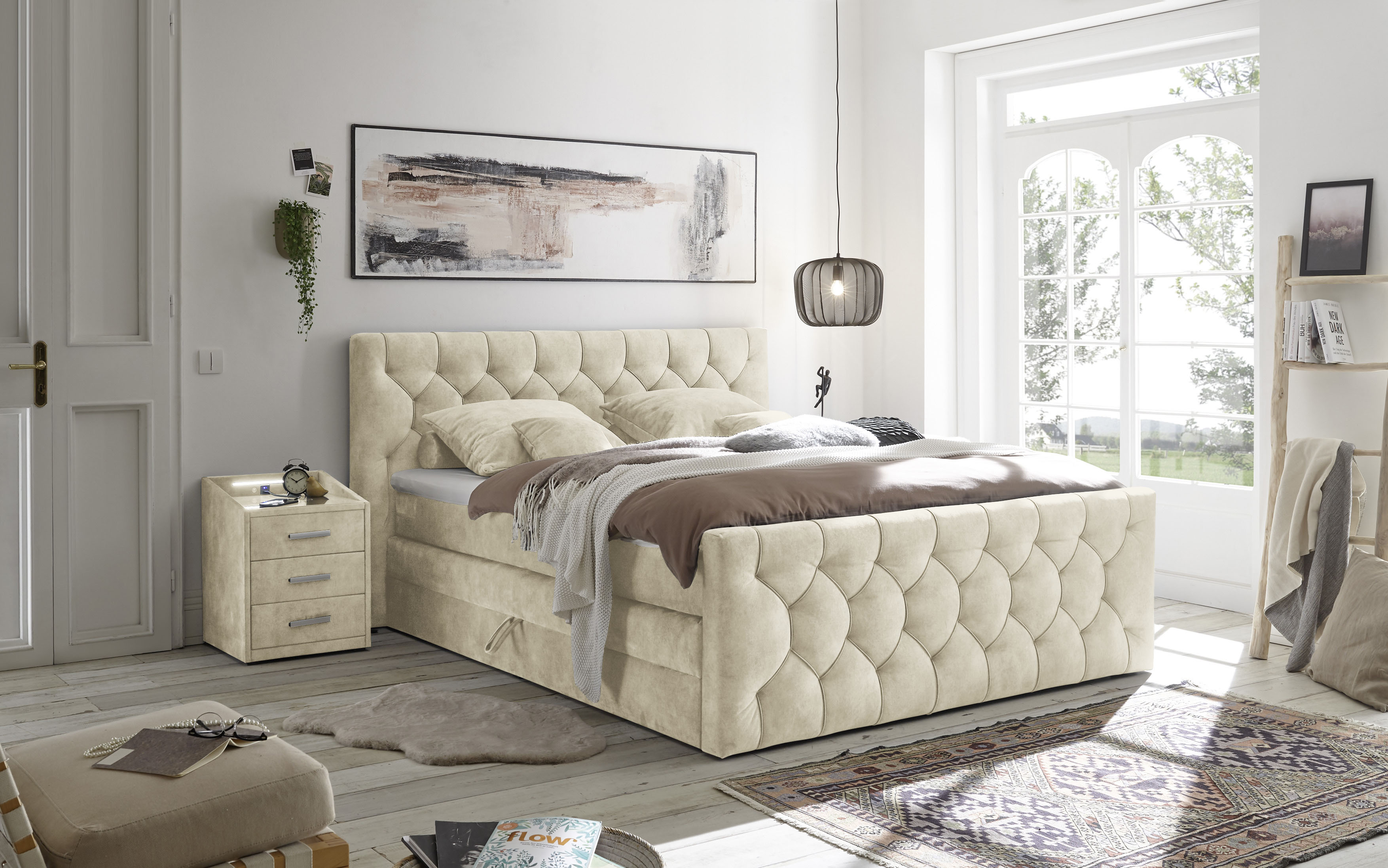 Boxspringbett ED EXCITING DESIGN "Cashfield", OTTOs Choice Topseller inkl. zwei Bettkästen & Topper", beige (creme), B:200cm L:225cm, 100% Polyester, Komplettbetten, erhältlich in den Größen 160x200cm und 180x200cm, Topseller Image