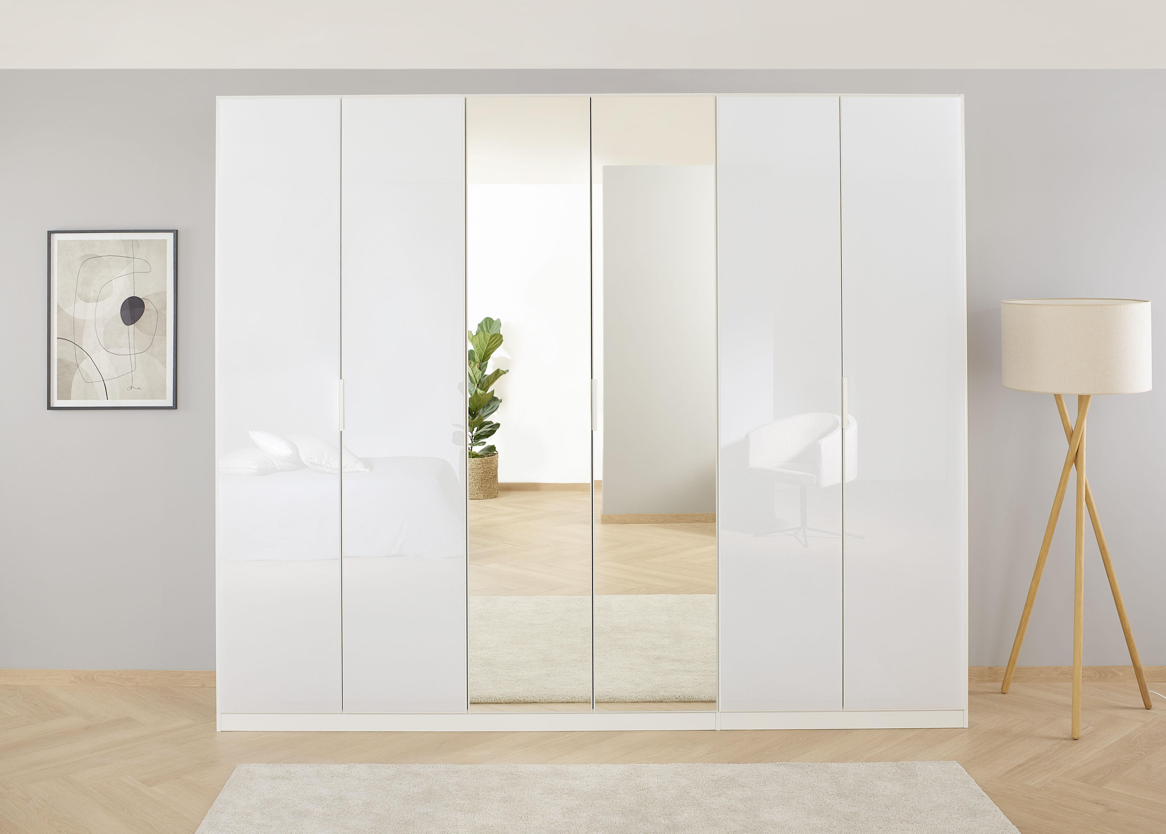 Drehtürenschrank RAUCH "Kleiderschrank Schrank Garderobe KOLUNA mit hochwertiger Glas-Front", weiß (alpinweiß, glas kristallweiß), B:271cm H:229cm T:54cm, Holzwerkstoff, Schränke, Drehtürenschrank, mit Spiegel, inkl. 2 Innenschubladen sowie extra... Image