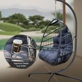 Swing Egg Chair with Stand Indoor Outdoor Wicker Rattan Patio Basket Hanging Chair with C Type Bracket , with Cushion and Pillow