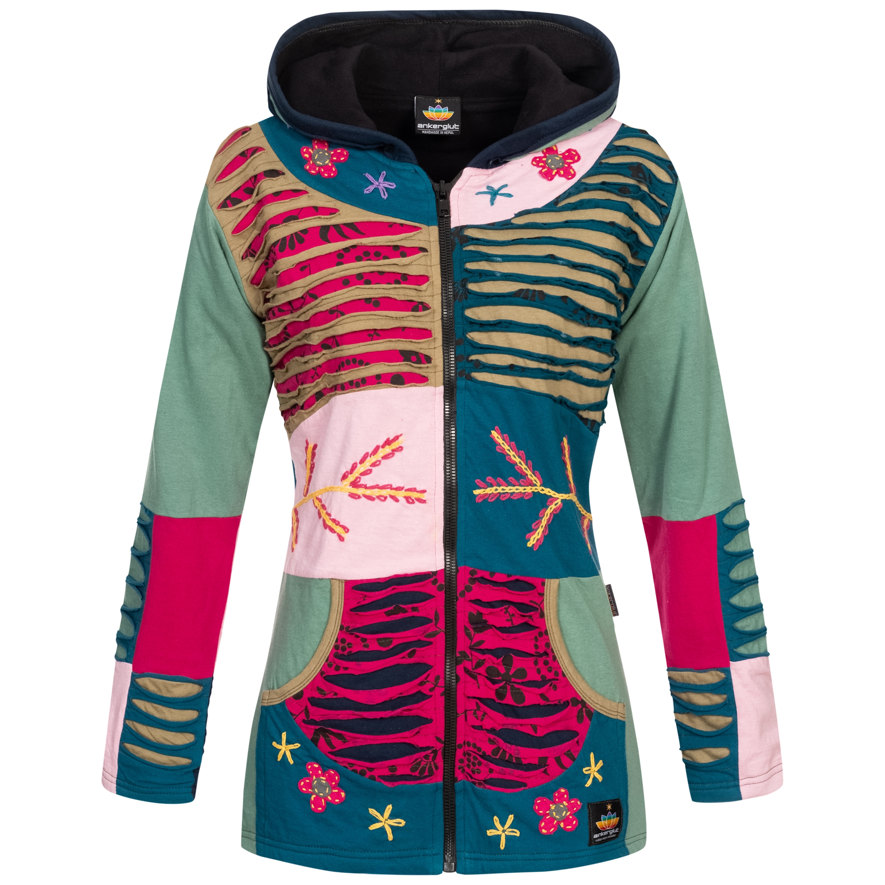 Fleecejacke ANKERGLUT "Patchwork Multicolor NUNAVUT II NEW FLOWER POWER", Damen, Gr. 36/38 (M), pink, 100% Baumwolle, Casual, Jacken Image