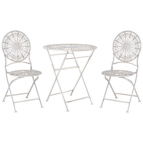 Garten Bistro Set Weiß Eisen zusammenklappbar 2 Stühle und Tisch Außenbereich gealtert Effekt UV-Rostbeständigkeit französischer Retro-Stil