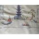 Pagoda motif cross stitch tablecloth in beige - Vintage table linens