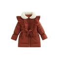 Peyakidsaa Toddler Baby Girls Winter Coat with Belt Contrast Color Doll Collar Long Sleeve Zipper Jacket