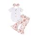 KIMI BEAR Infant Girls Outfits 3 Months Infant Girl Spring Summer Outfits 6 Months Infant Girl Rib Knitted Short Sleeve Rompers + Floral Flare Pants + Headband 3PCS Set White