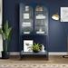 Ebern Designs Kinnett Tempered Glass Tall Storage Cabinet w/ 2 Arched Doors Adjustable Shelves & Open Bottom Shelf Wood in Blue | Wayfair