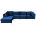 Modulares Ecksofa mit Ottomane rechtsseitig Blau Polsterbezug aus Samtstoff 5-Sitzer mit Metallgestell Silber Wohnzimmer Salon Möbel