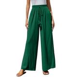 Cotton Linen Pants for Women Casual Summer Elastic Tie Waist Side Button Down Split Flowy Pant Wide Leg Trousers (3X-Large Green)