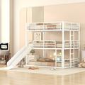 Full Size Metal Bunk Bed with Ladders and Slide Divided into One Platform and Loft Bed White