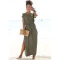 Strandkleid LASCANA Gr. 36, N-Gr, grün (khaki) Damen Kleider Strandkleider aus leicht transparenter Webware, Maxikleid mit Schlitz, Sommerkleid