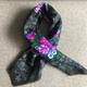 Vintage Wool Scarf, Purple, Pink, Blue Floral On Black Background, Fringed Edges