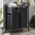 17 Stories Double Laundry Hamper w/ Top Shelf & Storage Drawer, 2 Removable Laundry Sorter Bags Wood/Metal/Fabric in Brown | Wayfair